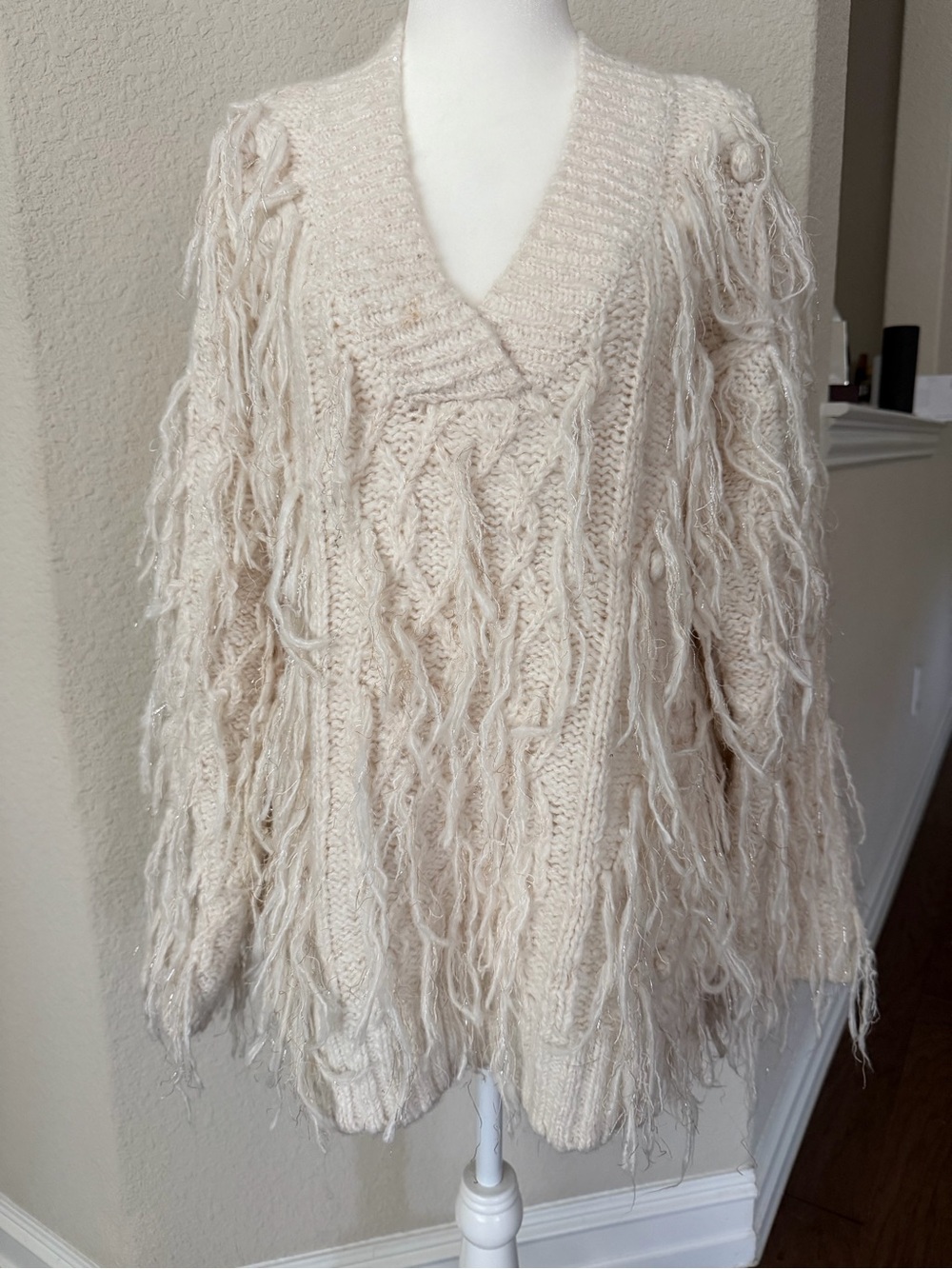 Anthropologie Cream Fringe Cable V-Neck Sweater oversized